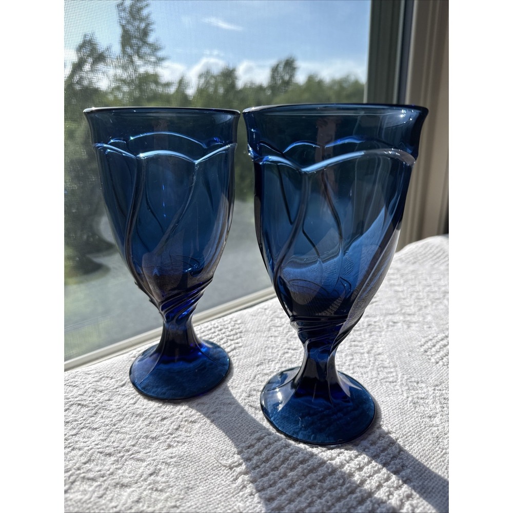 Vintage NORITAKE Sweet Swirl Cobalt Blue X2 Water/Iced Tea Goblets 7.5" Tall